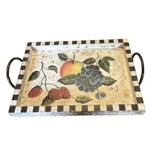 Hand Painted  Wooden  Tray Fruit Design with Metal Handles Shabby Chic Style